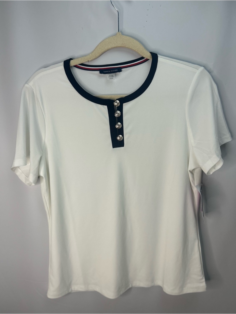 Tommy Hilfiger White Short Sleeve Top with Navy Trim and Decorative Buttons